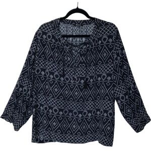 Madewell Lace-Up Peasant‎ Caravan Print Top Blouse Sz: Large Black White